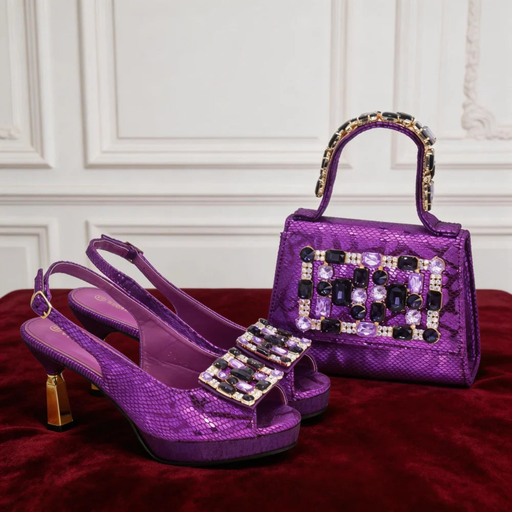 2026 New Arrival Rhinestone Peep-Toe High Heel Sandals and Bag Set for Women –Elegant Italian Party Shoes Perfect for Wedding