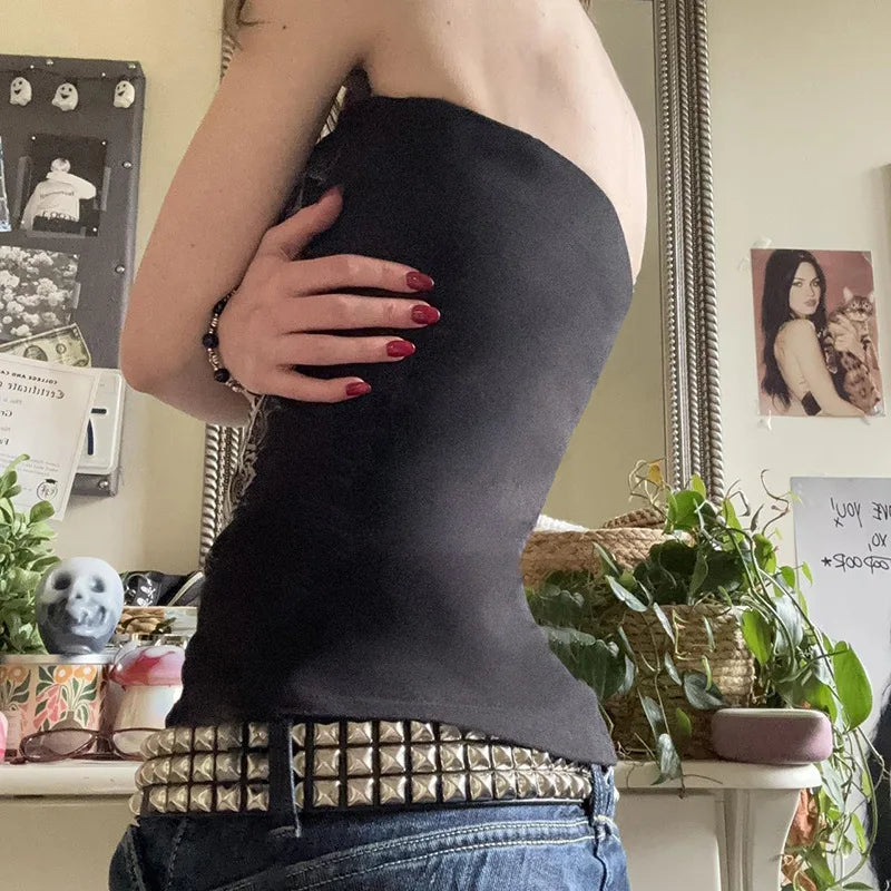 Gothic Print Black Strapless Tube Top Women Skinny Cropped Summer Casual Chic Graphic Tee Y2K Streetwear Basic Vest