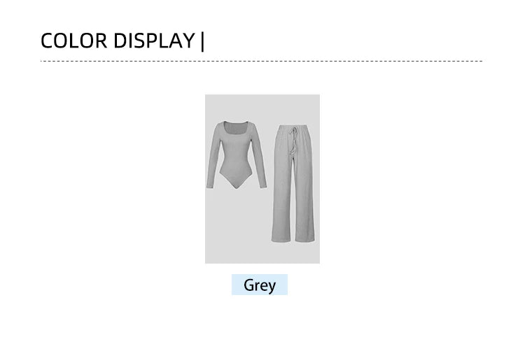 Ladies Casual Two-Piece Suit round Neck Long Sleeve Top with Wide Leg Pants Pure Color Straight Loose Trousers Elegant Outfit