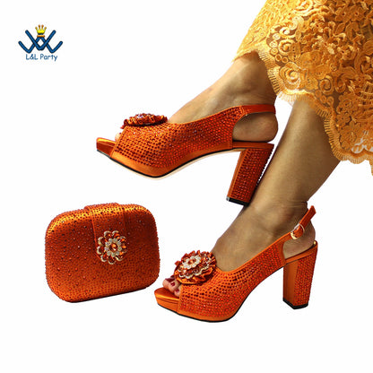 New Design Peep Toe African Spring Autumn Lady Shoes and Bag Set in Gold Color Women Sandal in Wedding