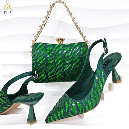 QSGFC New Arrival Fashion Shoes Matching Bag Set Royal Blue Color Decorated with Crystal Ladies Wedding Party Women High Heel