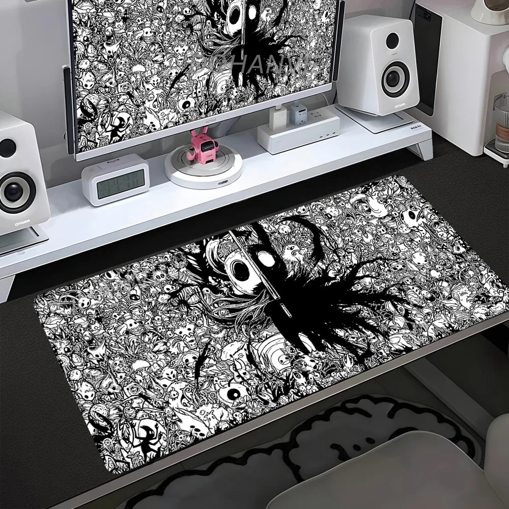 Gaming Mouse Pad Black And White Rubber Office Computer Mouse Mat Hollow Knight Anime Big Mousepad Gamers Desk Keyboard Mats