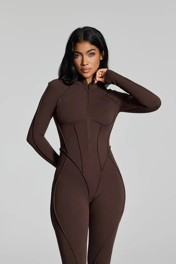 FUBEIKE Women's Yoga Set Fashion Sexy Slim Fit Long Sleeve Zipper Sports Gym Workout Legging Bodysuits Outdoor Activewear