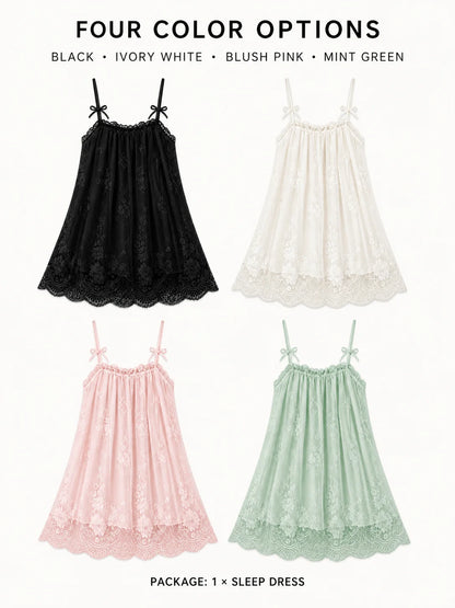 Women's Floral Lace Bow Strap Sleep Dress, Short A-Line Babydoll Nightgown, One Size Loungewear in Black White Pink Green