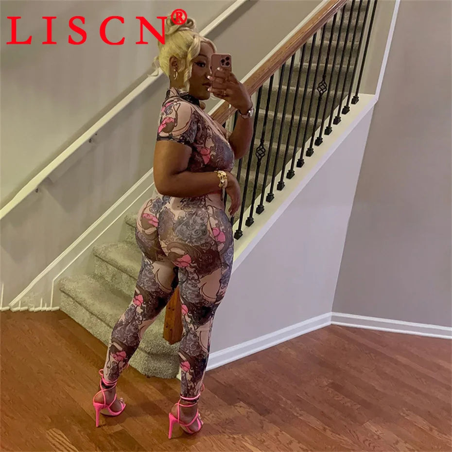 10 Wholesale Items Jumpsuits Women Summer 2025 Short Sleeve Bodycon Sexy Y2k Printing Mesh See Through Backless Rompers K15151