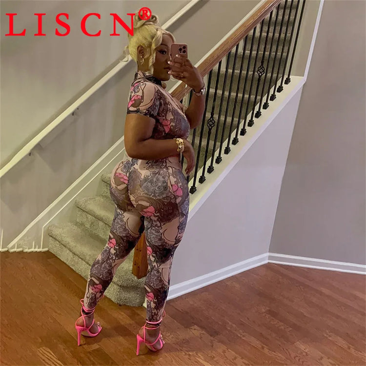 10 Wholesale Items Jumpsuits Women Summer 2025 Short Sleeve Bodycon Sexy Y2k Printing Mesh See Through Backless Rompers K15151