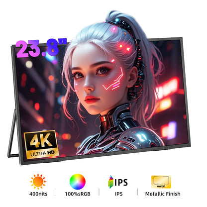 SIBOLAN 23.8" 4K Portable Monitor UHD 3840*2160 100%sRGB External Gaming Screen USB C LS Stand VESA for Mini PC Laptop MAC