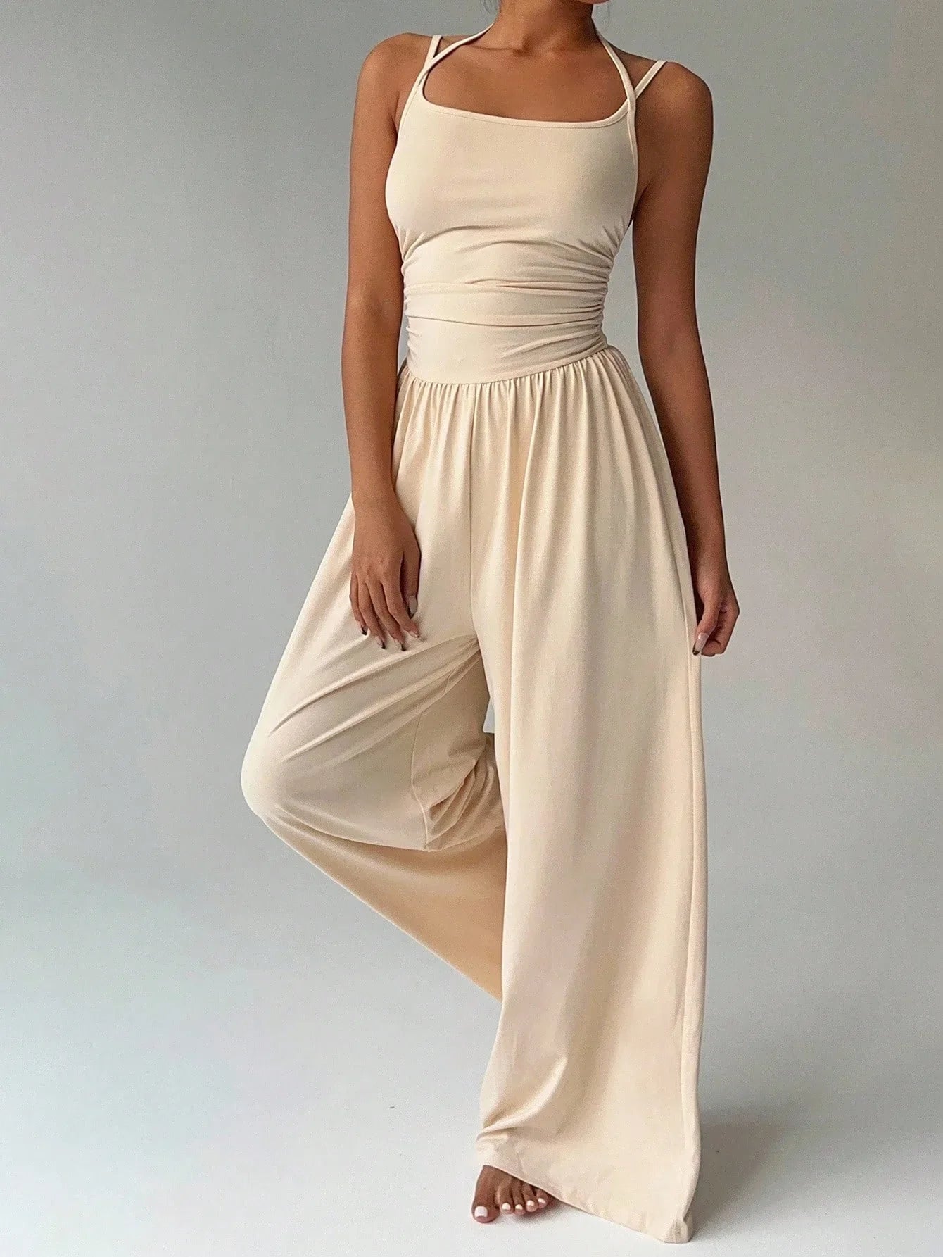 Women Halter Spaghetti Strap Jumpsuits Summer Casual Elastic High Waist Backless Wide Leg Long Pants Romper Club Party Overalls