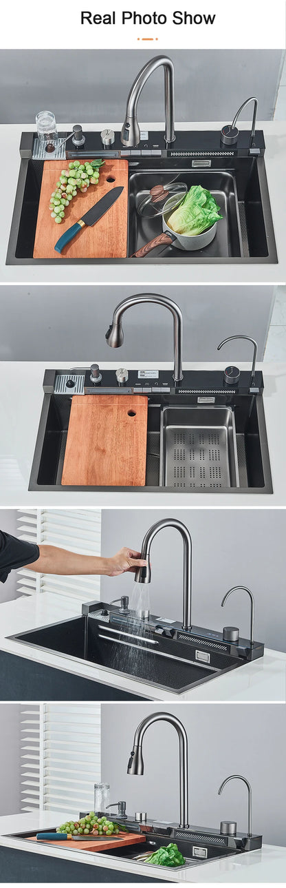 Stainless Steel Kitchen Sink with Faucet Digital Display Large Single Bowl Waterfall Rain 5 Functions System Dish Basin Sink