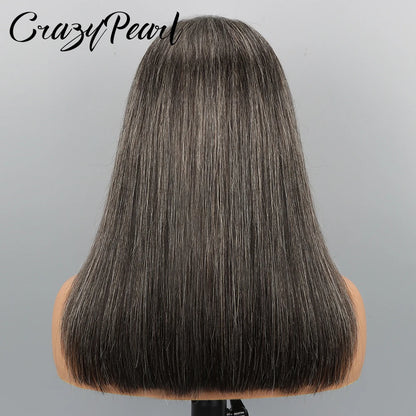 CrazyPearl Bob Wig Human Hair Salt and Pepper Grey Wigs 13X4 Straight Lace Frontal Wigs Human Hair Natural Hairline Gray Wigs