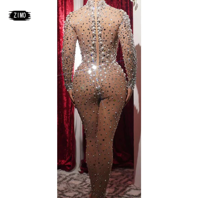 fashion Rhinestones Jumpsuit Crystal Pearl sexy Women Jumpsuits spandex party Nightclub birthday Pole Dance Singer Stage Costume