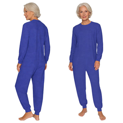 Adult Unisex Elderly Anti-Strip Adaptive Jumpsuit Solid Color Crew Neck Long Sleeve Back Zipper Rompers Special Needs Clothing
