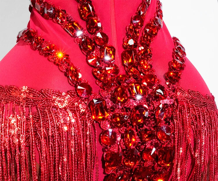 Sexy See-through Glitter Red Crystal Fringe Bodysuit High Elasticity Drag Queen Costume Festivals Outfit NightClub Dance Outfits