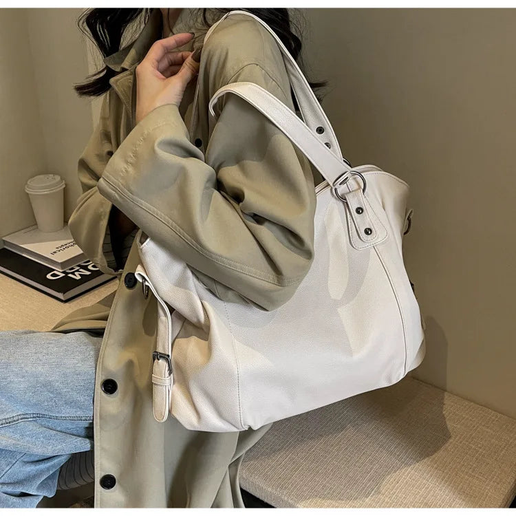 Ladies Large Capacity Brand Handbag Pu Leather Women's Retro Tote Bag Korean Fashion Shoulder Bag Winter White Zipper Handbag