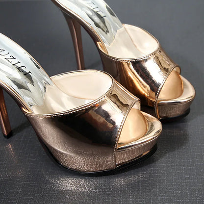 Summer High Heels Mules Designer Brand Golden Sandals Woman 2024 Luxury Platform Party Slides Shoes 12CM Stiletto Women Slippers