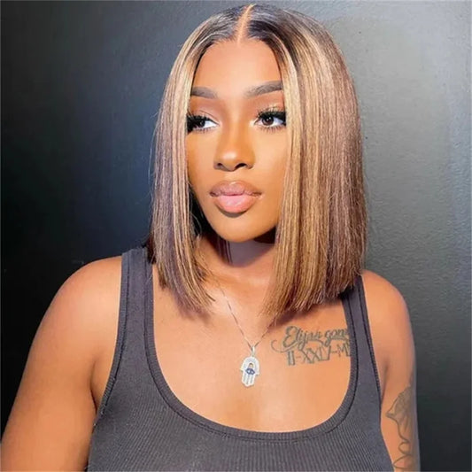 Highlight 13x4 Lace Front Bob Wig Human Hair P4/27 Honey Blonde Straight Bob Wig Human Hair Pre Plucked with Baby Hair