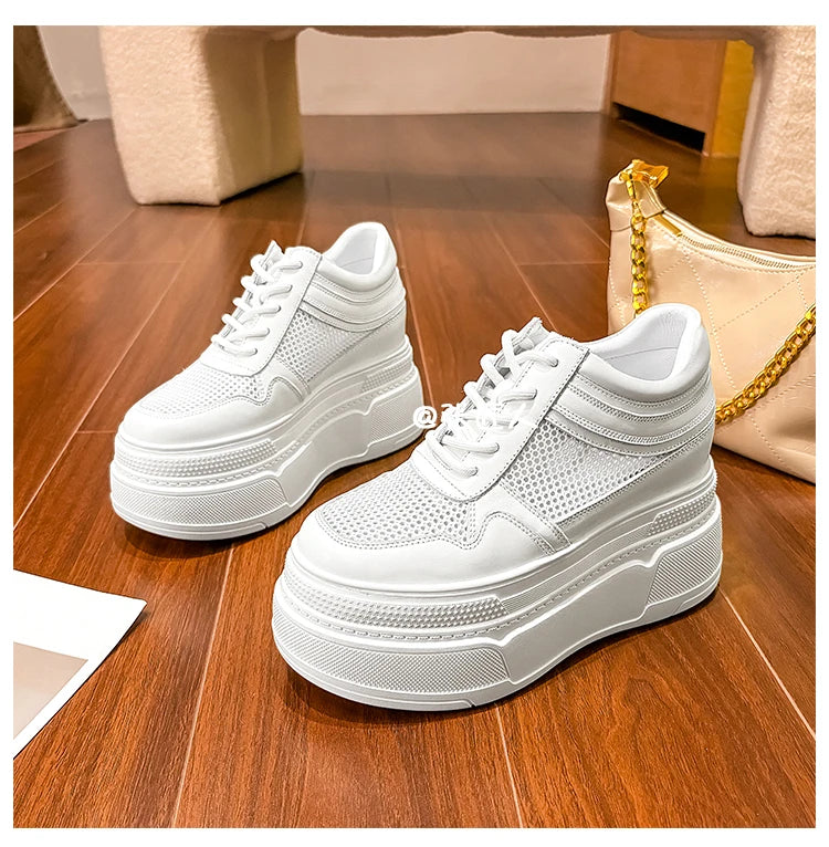 10-14cm Chunky Sneakers Women Platform Shoes Elevator Shoe White Mesh Breathable Sneakers Real Leather Increasing Shoes