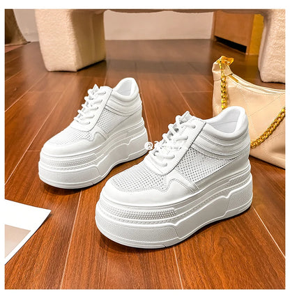 10-14cm Chunky Sneakers Women Platform Shoes Elevator Shoe White Mesh Breathable Sneakers Real Leather Increasing Shoes