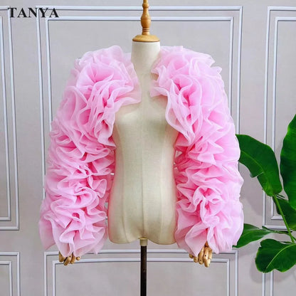 Puff Black Tulle Long Sleeves Jacket Girls Exaggerated Bolero Coat Dark Red Matching Evening Dress Women Formal Elegant Wrap