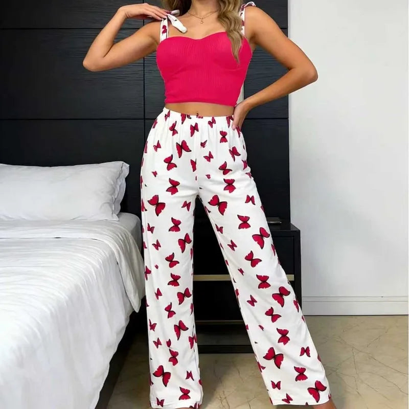 Women's Butterfly Print Tie Strap Cami Long Pants Pajama Set Summer Sexy Lounge Wear 2 Piece Set Female Soft Sleepwear