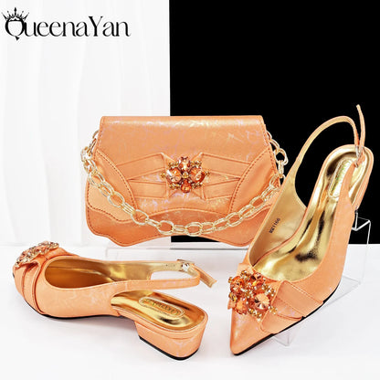 QueenaYan 2026 New Summer Collection Stylish Italian Women’s Shoes and Bag Set Gold Colour Comfortable Low Heels With Rhinestone
