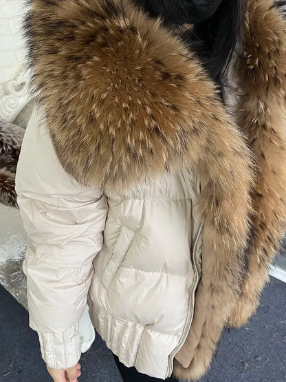 MMK 2023 Winter Women Warm White Duck Down Jacket Natural Real Fox Fur Collar Hood Puffer Coat Thick Luxury Outerwear