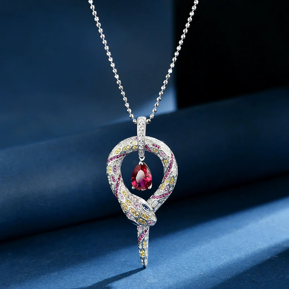 WUIHA Vintage 925 Sterling Silver 7 * 10 MM Lab Sapphire Ruby High Carbon Diamond Gemstone Wedding Engagement Pendant Necklace