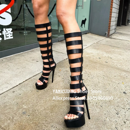 Strappy Gladiator Sandal Boots Metallic Gold Below the Knee Stiletto Boots Fashion Sexy Style Back Zipper Platform Women's Boots