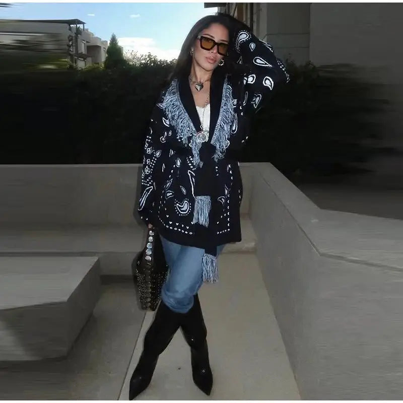 Gem Print Knit Tassel Cardigan Lapel Tie Loose Long Sleeve 2026 Autumn Chic Women Boho Street Daily Fashion Ladies Knitwear