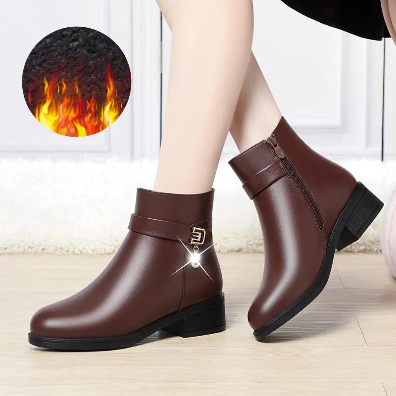 High-Heeled Leather Shoes Spring Single Shoes Thick Heel Thick Sole Slip-On Women's Shoes Square Toe Middle-Aged Mother's Shoes