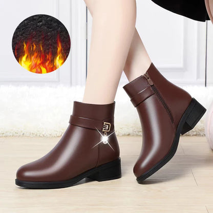 High-Heeled Leather Shoes Spring Single Shoes Thick Heel Thick Sole Slip-On Women's Shoes Square Toe Middle-Aged Mother's Shoes