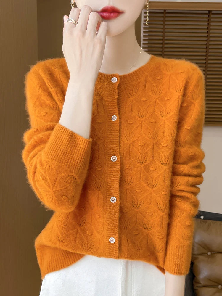 New Autumn Winter Soft Warm Cardigan Woman Cashmere Sweater O-neck Women 100% Merino Wool Sweater Loose Fit Hollow out Top Coat