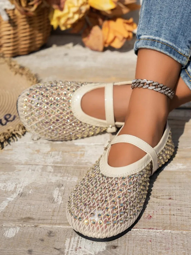 Women's Mary Jane Shoes Luxury Brand Casual Single Shoes Women's Rhinestone Plus Size Womens Round Head Buckle Beach Flat Shoes