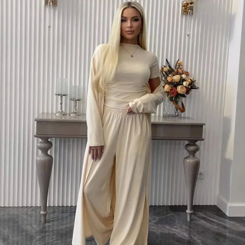Women Cardigan Vest Wide Leg Pants 3 Piece Sets Top Long Coat Trousers Suit Office Lady Ensemble Spring Summer 2026 Outfits