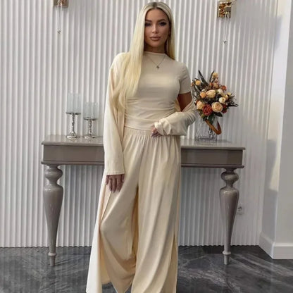 Women Cardigan Vest Wide Leg Pants 3 Piece Sets Top Long Coat Trousers Suit Office Lady Ensemble Spring Summer 2026 Outfits