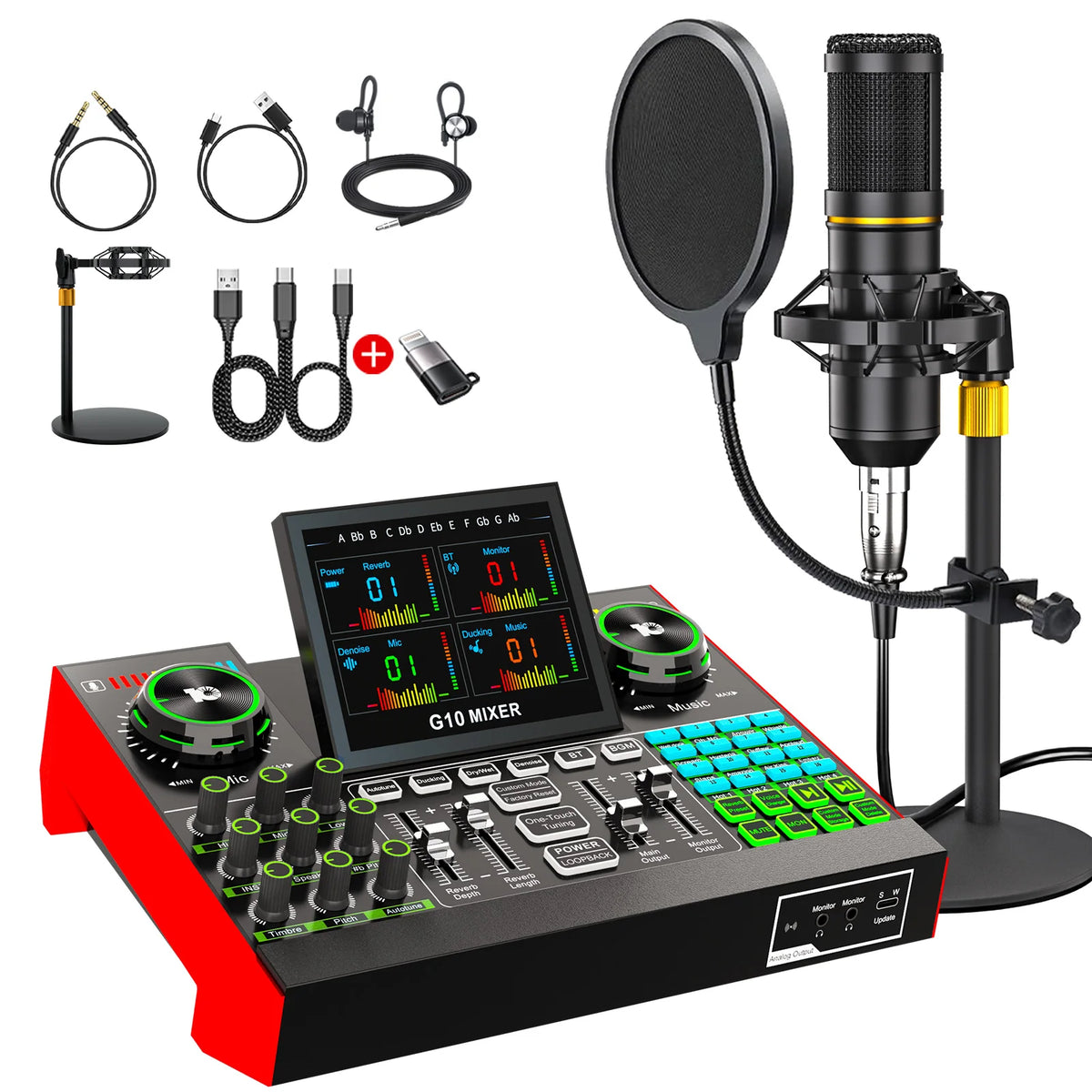 Tenlamp Podcast Equipment Bundle for 4 People, G10-BM800 Live Sound Card Audio Mixer Kit with Voice Changer, Bluetooth DJ Sound Board for PC Smartphone Laptop, Studio Recording Streaming Gaming Karaoke YouTube Vlog
