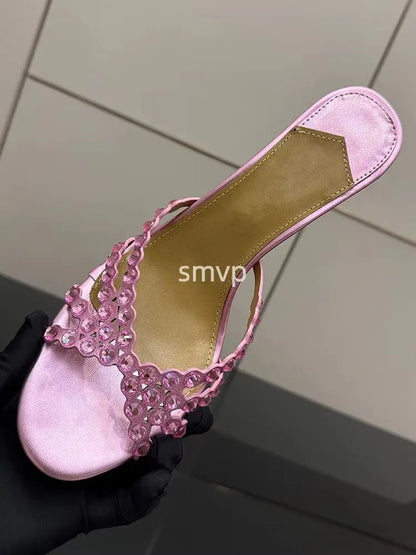 Fashionable Satin Pointed Toe Crystal High Heel Slippers Diamond Stiletto Sandals Luxury Sexy Design for Party Wedding Occasions