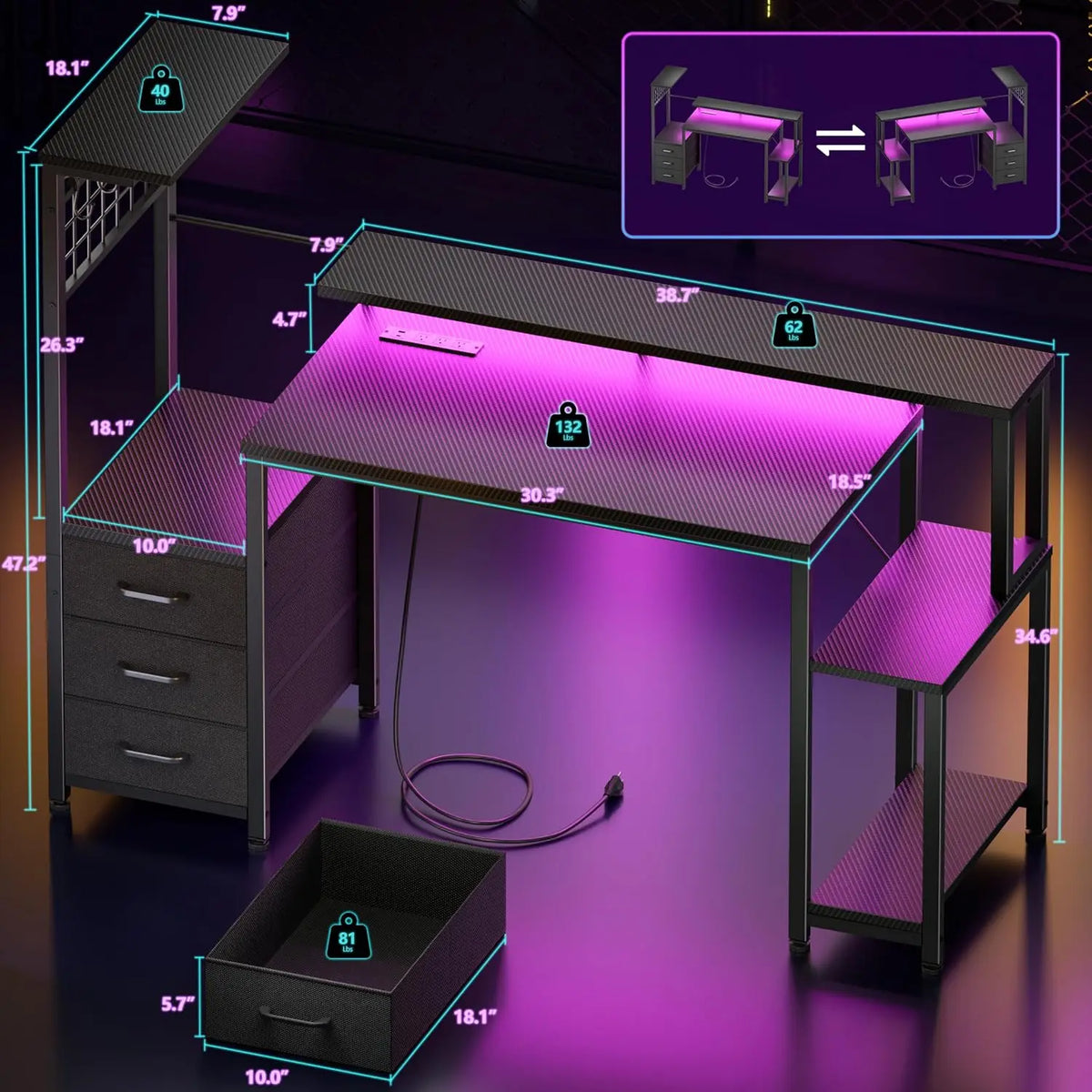 Gaming Desk 48" with Power Outlet & LED, Carbon Fiber Black Finish, Customized