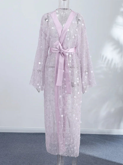 Sequined Hollow Out Long Dress Women Sexy V-neck Full Sleeve Mesh Patchwork Lace Up Cardigan Party Evening Dresses New Beachwear
