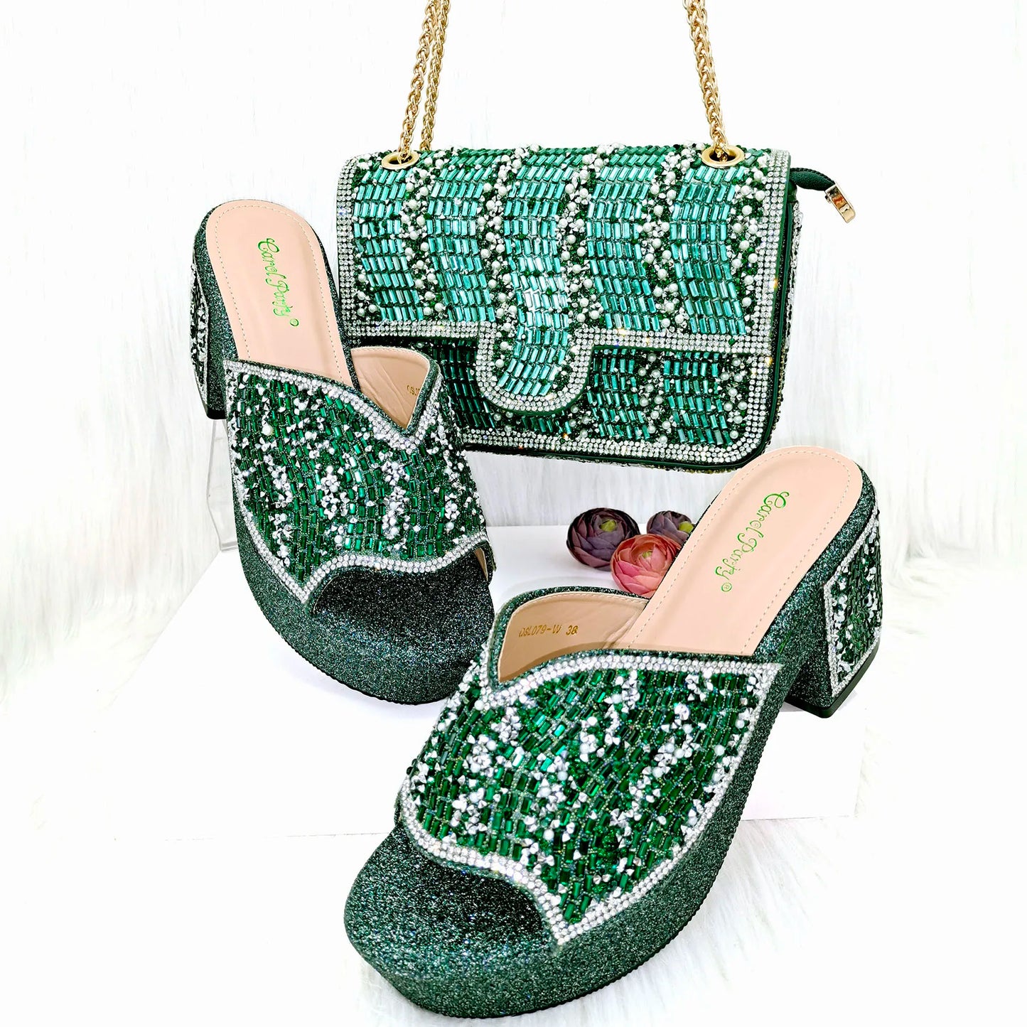 Nigeria Distinguished Green And Elegant Women's Designer High Heels And Bag Set, Fashionable Fishmouth Shoes In Nigerian Style