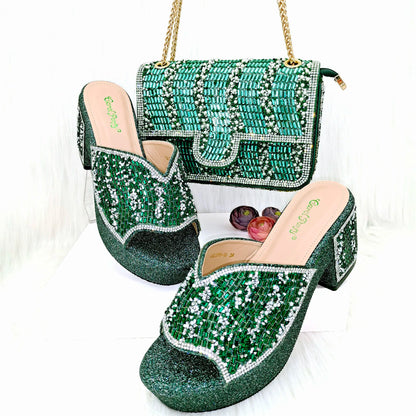 Nigeria Distinguished Green And Elegant Women's Designer High Heels And Bag Set, Fashionable Fishmouth Shoes In Nigerian Style