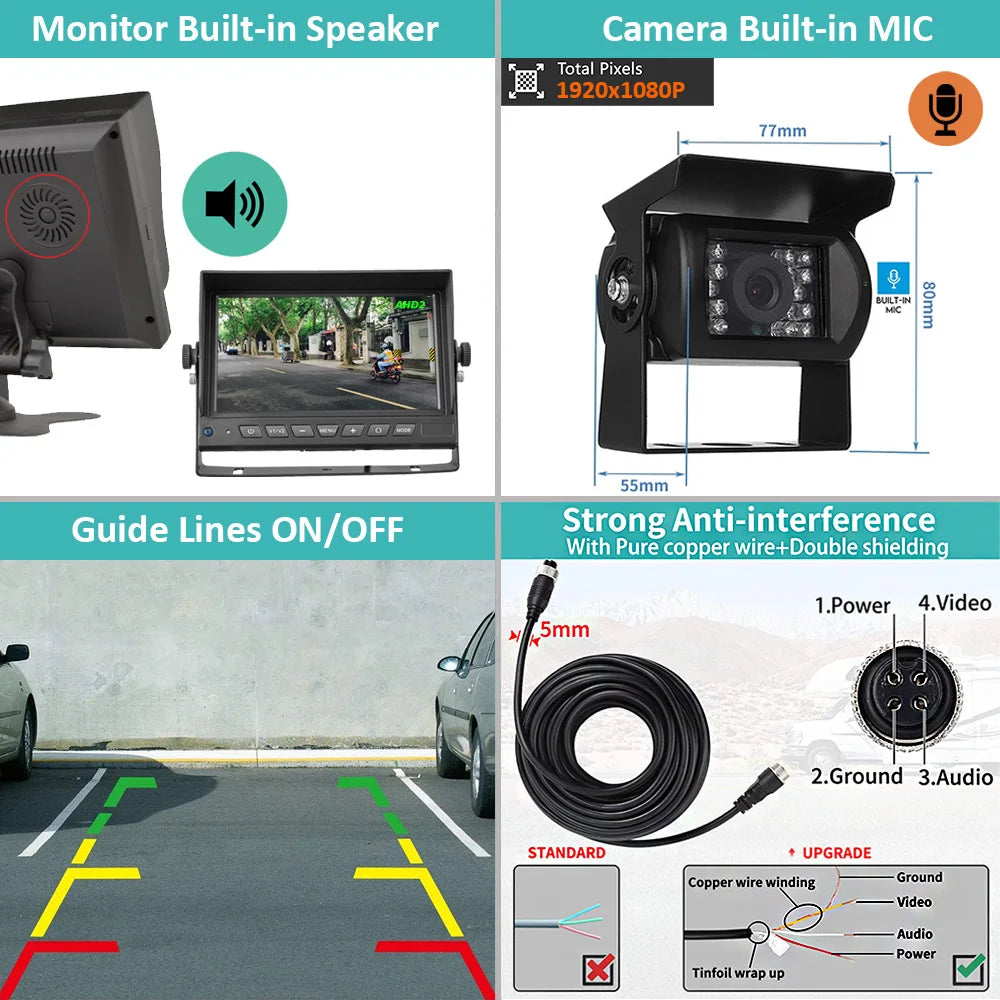 Truck Reverse Camera System with Sound, 7" AHD Monitor with Speaker Reversing 1080P Rear View Audio Camera Built-in Microphone