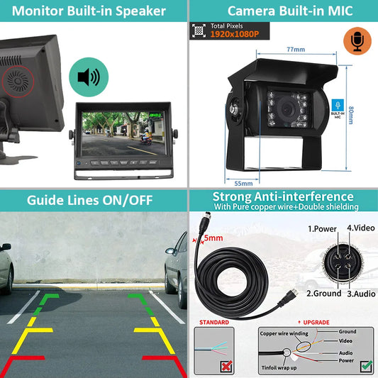Truck Reverse Camera System with Sound, 7" AHD Monitor with Speaker Reversing 1080P Rear View Audio Camera Built-in Microphone