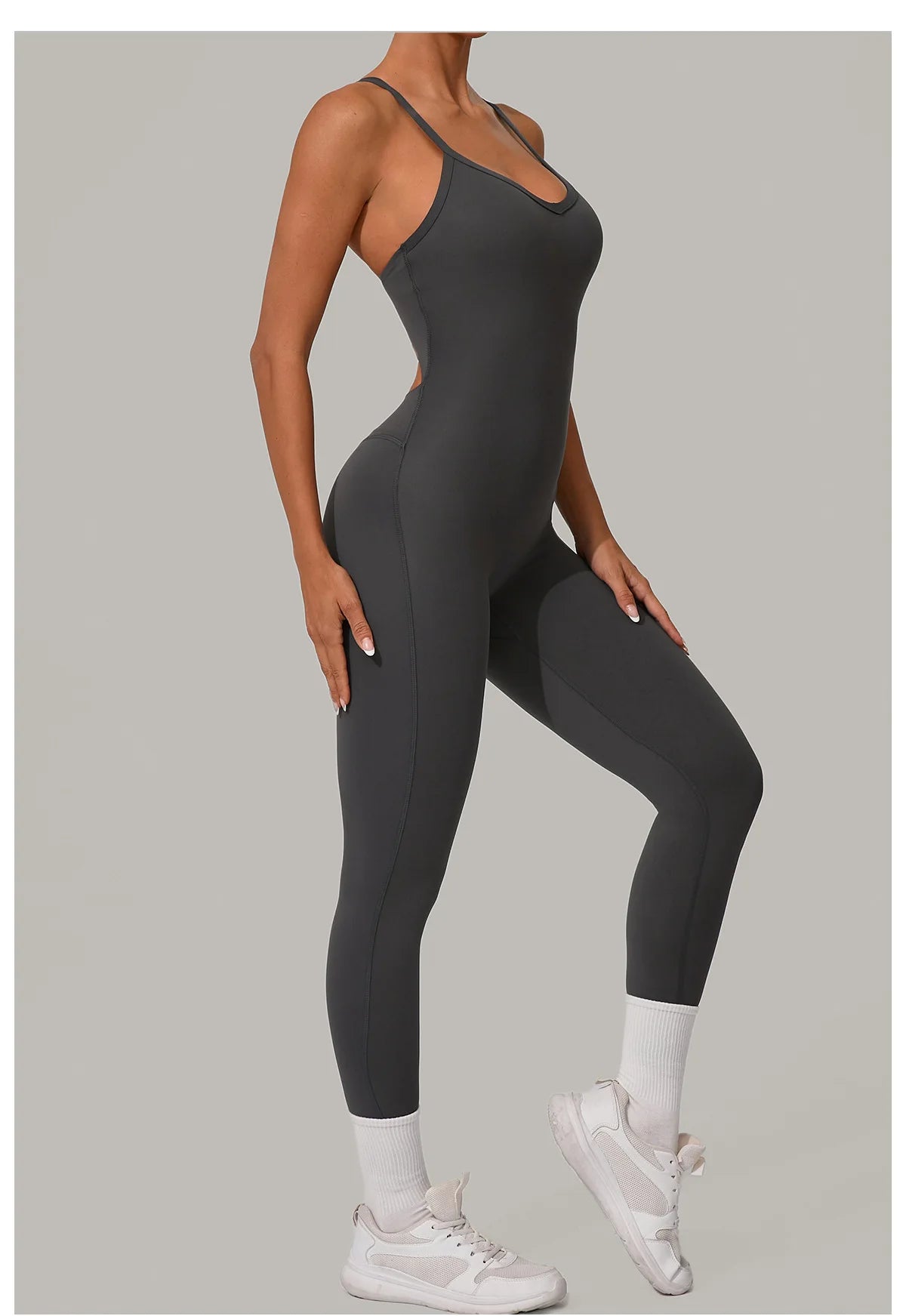 New Nylon Pad V-Neck Wrap Yoga Bodysuit - Adjustable Hook Tummy Control Butt Lift Workout Jumpsuit