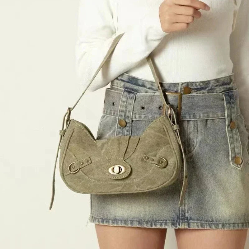 Y2k Vintage Shoulder Bag American Street Style Rivets Green Canvas Handbag Gothic Punk Biker Cool Designers Underarm Bag Handbag