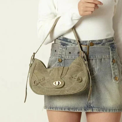 Y2k Vintage Shoulder Bag American Street Style Rivets Green Canvas Handbag Gothic Punk Biker Cool Designers Underarm Bag Handbag