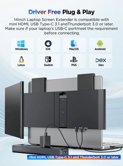 UPERFECT Laptop Screen Extender 14" FHD 1080P IPS Laptop Monitor Extender Dual Screen Portable Monitor for Laptops 13-17"