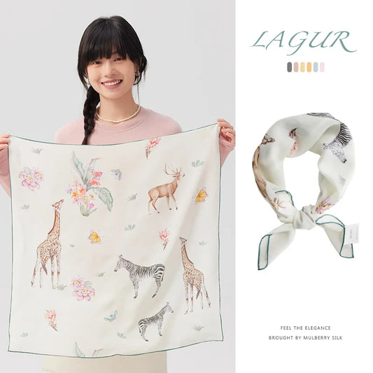 100% Mulberry Silk Square Scarf Women Animal Print Neck Scarf Soft Lightweight Neckerchief For Daily Office And Vacation Use