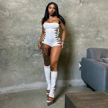New Summer Sexy Stretchy Hollow Out Slim Strapless Tube Romper Women One Piece Playsuit Short Jumpsuit with Leg Cover Playsuit