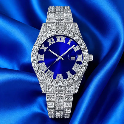 Men's Hip-Hop Watch Retro Quartz Watch, Oversized Rhinestone Dial and Durable Stainless Steel Strap, Suitable for Men